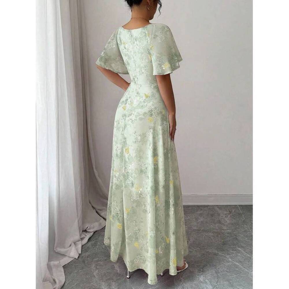 Modelyn Chiffon Butterfly Print Bat Wing Pleated Hem Sweet French Style - Picture 2 of 7